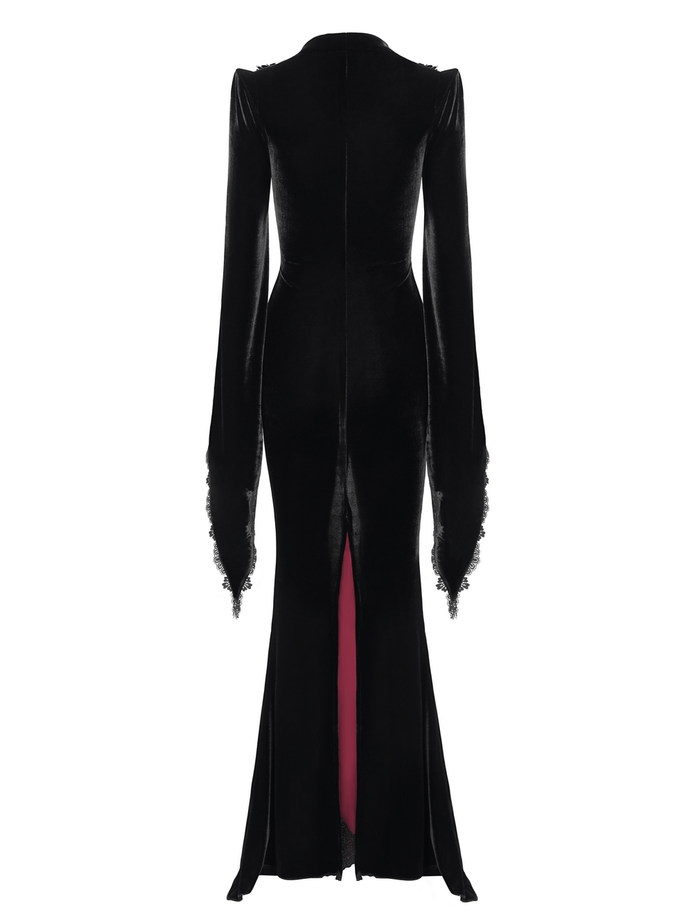 Back view of a chic velvet evening dress with lace sleeves and a dramatic front slit in wine red accents.