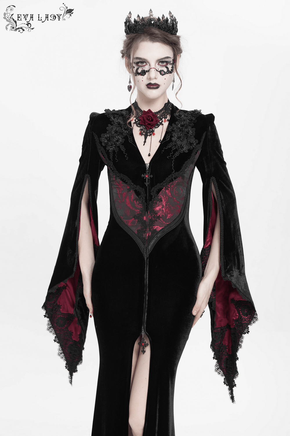 Gothic velvet evening dress featuring lace details, wine red accents, and dramatic bell sleeves, perfect for dark elegance.