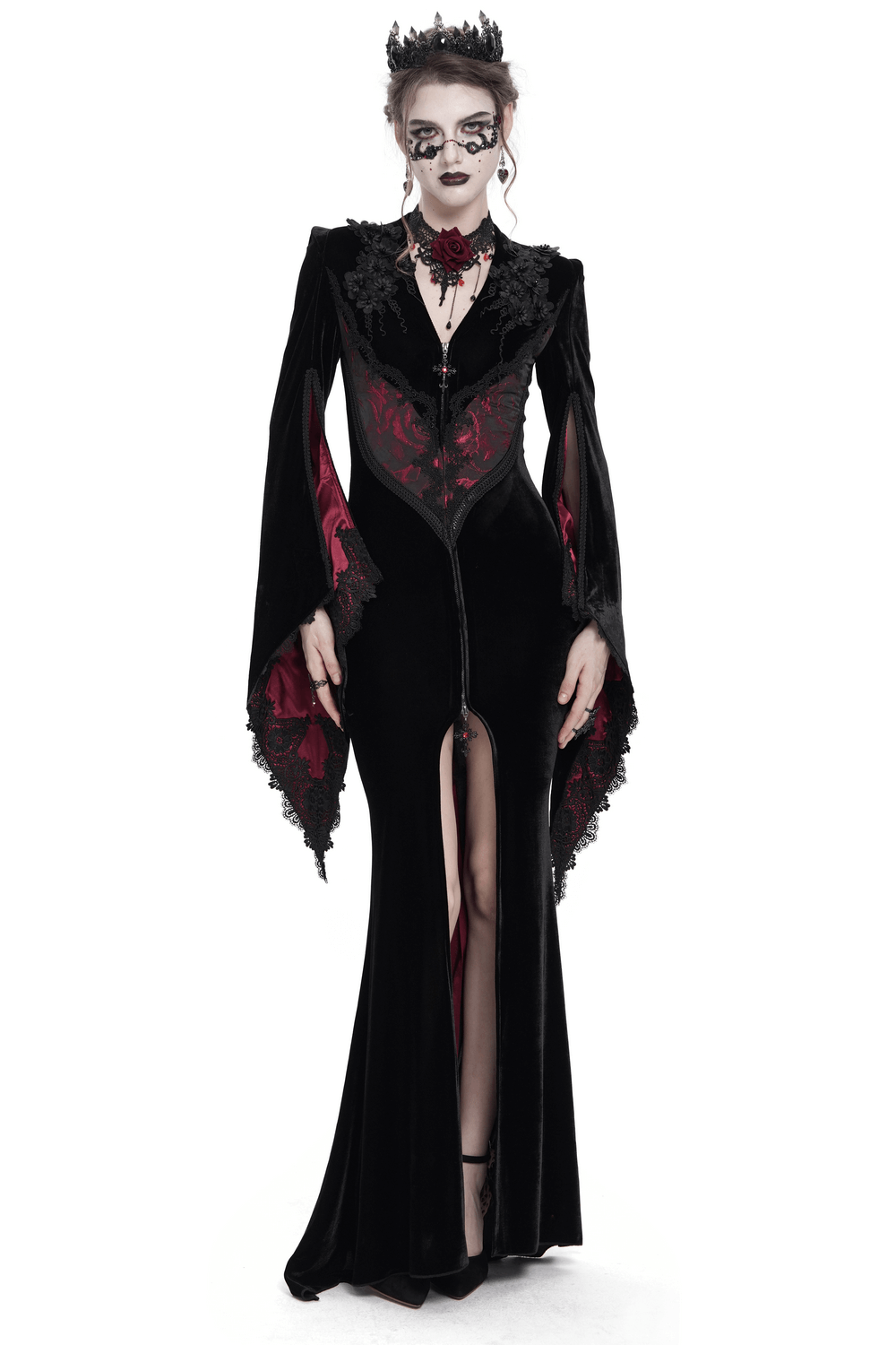 Chic velvet evening dress featuring lace details and wine red accents, perfect for gothic or alternative fashion events.