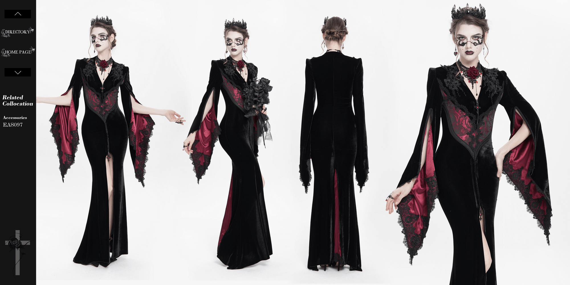 Chic gothic velvet evening dress with lace and wine red accents, featuring dramatic bell sleeves and a deep front slit.