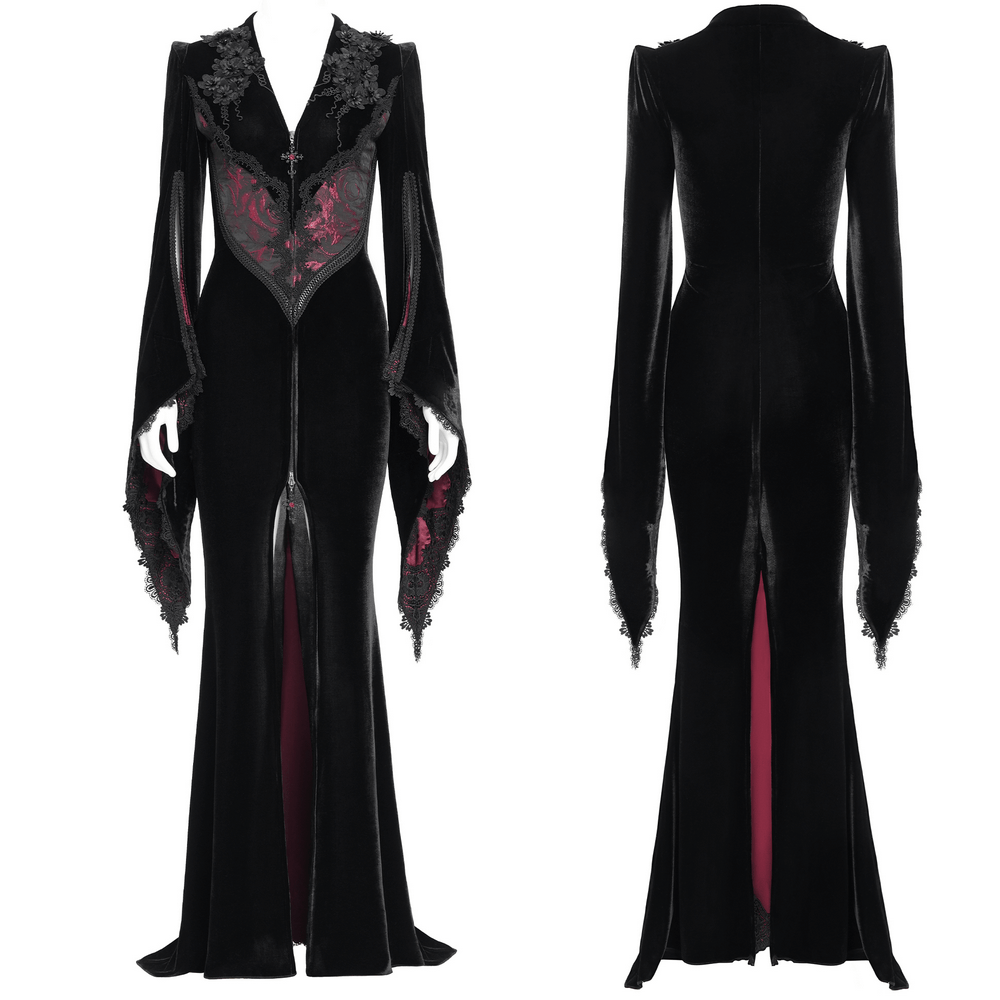 Chic velvet evening dress with lace, wine red accents, and dramatic bell sleeves featuring a deep front slit.