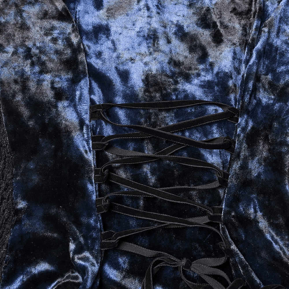 Chic Velvet Lace Top with Flared Sleeves for Women, close-up of lace-up detail on blue velvet fabric.