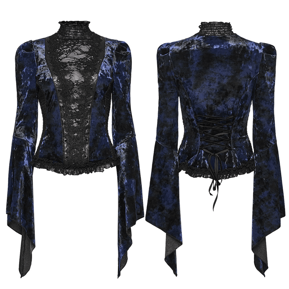 Chic Velvet Lace Top with Flared Sleeves for Women in blue and black with elegant details and flared sleeves.