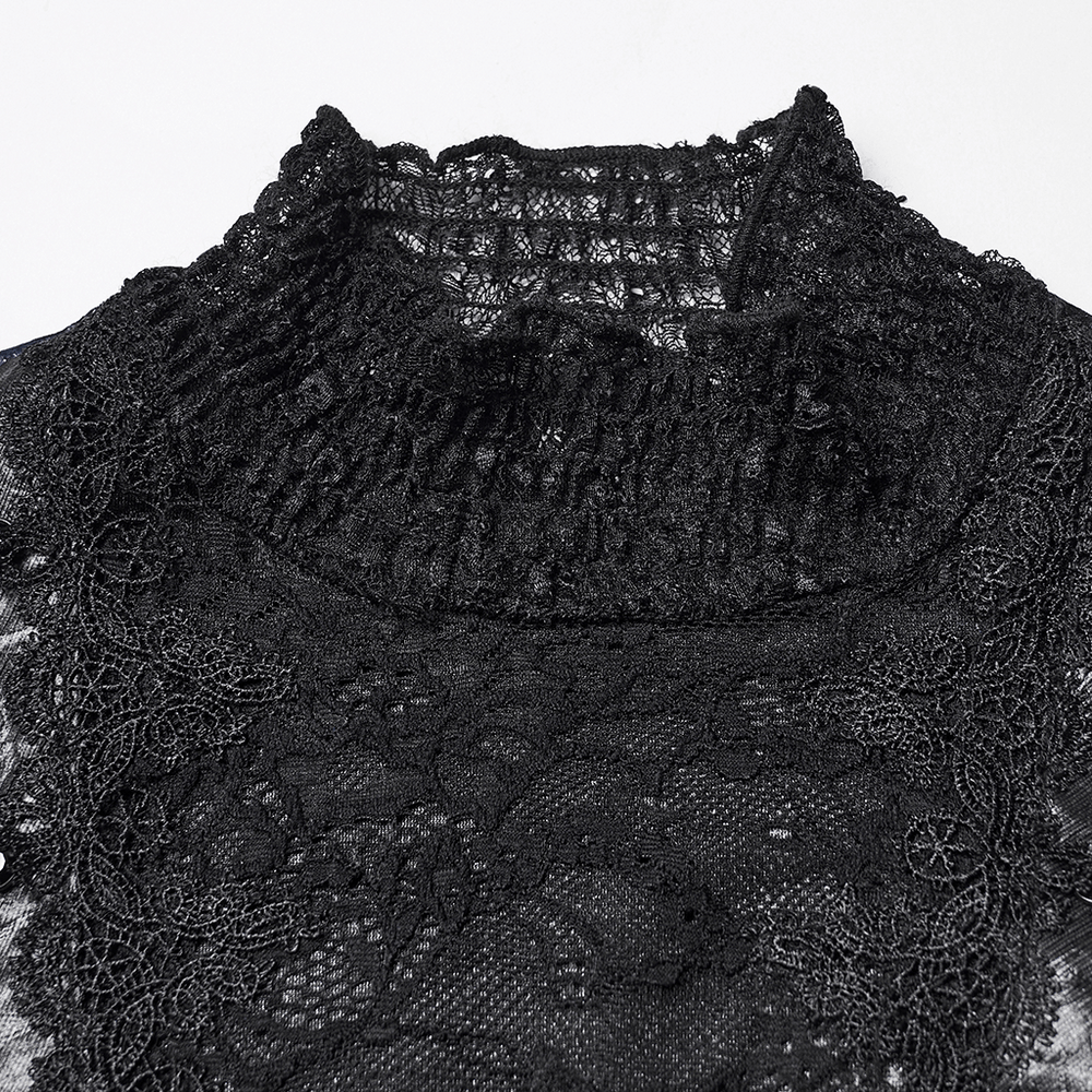 Chic Velvet Lace Top with Flared Sleeves for Women - Detailed black lace neckline design.