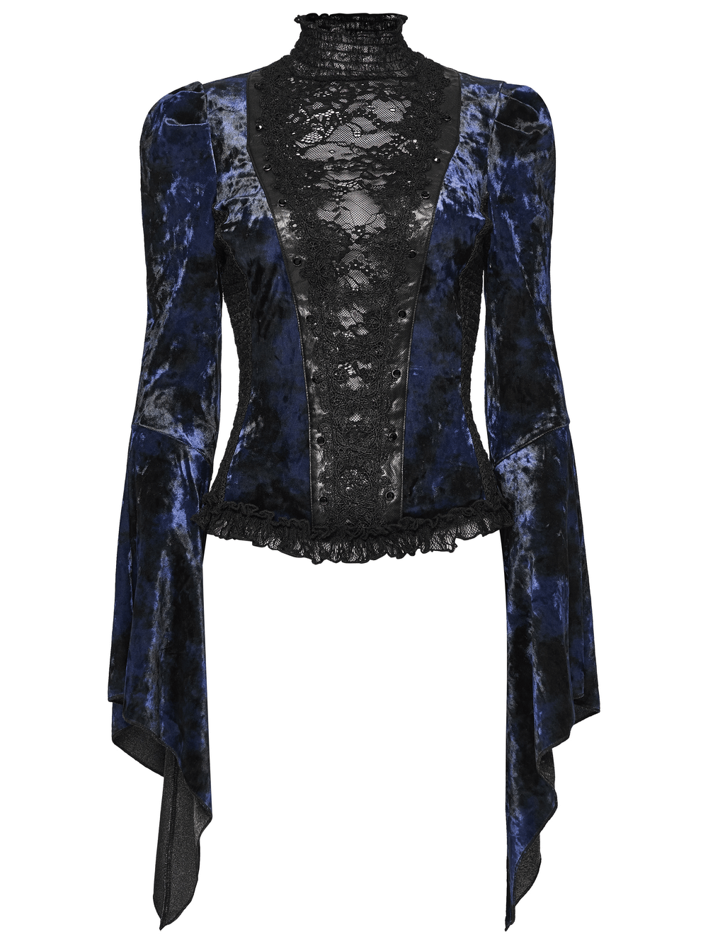Chic Velvet Lace Top with Flared Sleeves for Women in blue, featuring elegant lace detailing and flared sleeves.