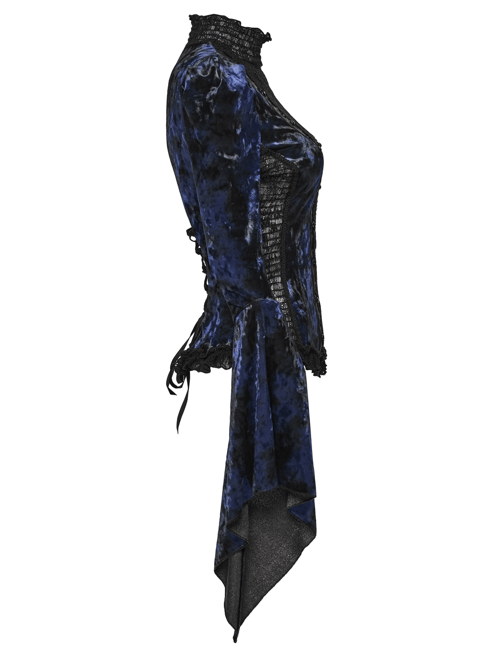 Chic Velvet Lace Top with Flared Sleeves for Women in elegant blue velvet fabric.