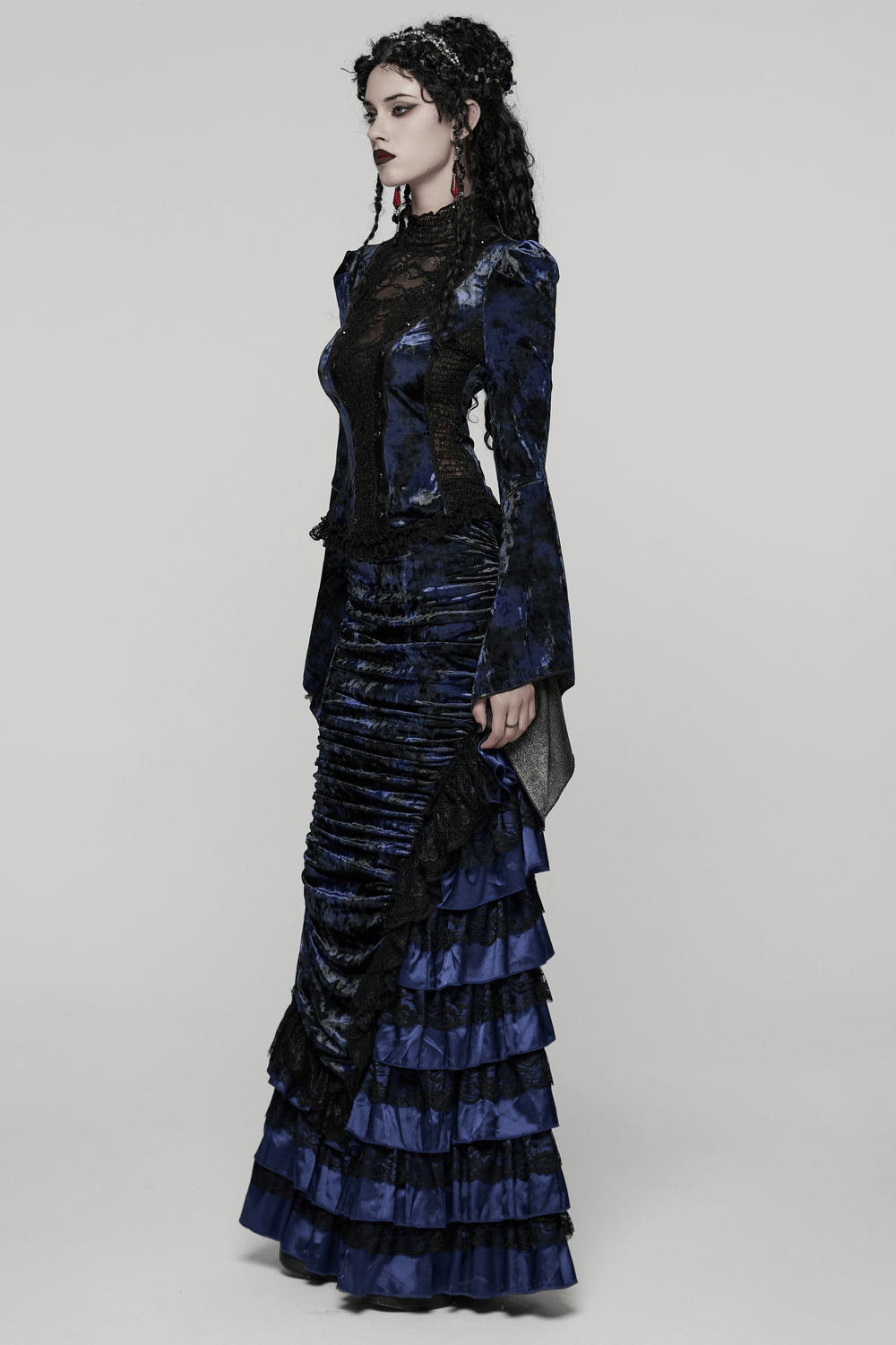 Chic Velvet Lace Top with Flared Sleeves for Women, stylish gothic dress with ruffled skirt and lace accents.