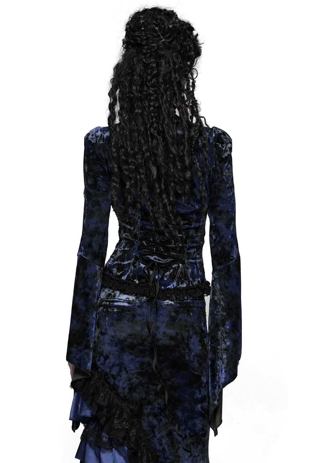 Chic Velvet Lace Top with Flared Sleeves for Women, featuring a beautiful dark blue velvet design.