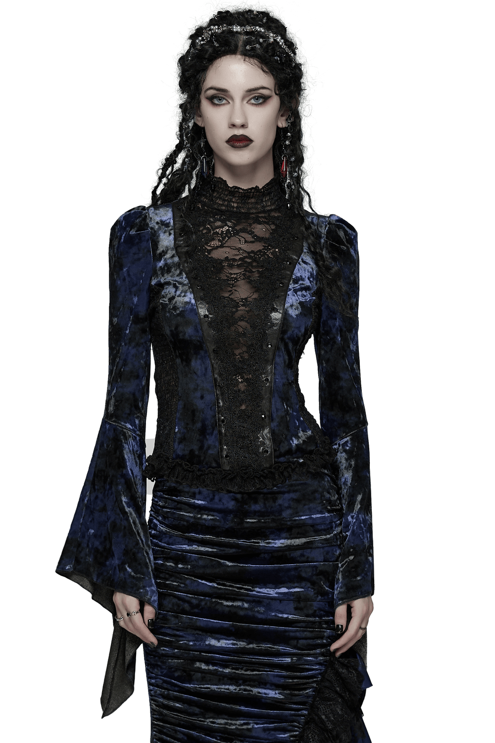 Chic Velvet Lace Top with Flared Sleeves for Women displayed in a striking dark blue design.