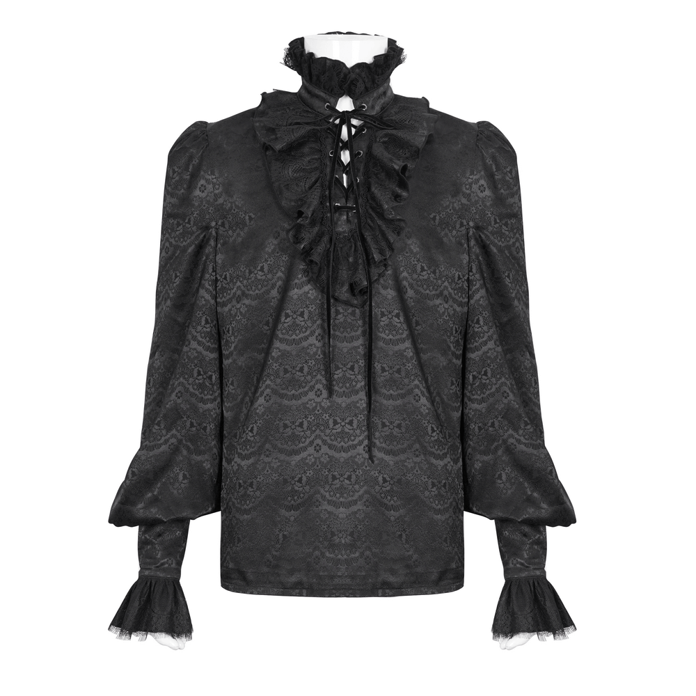 Chic Victorian black lace shirt with ruffled neckline and tassel sleeves, perfect for upscale events.