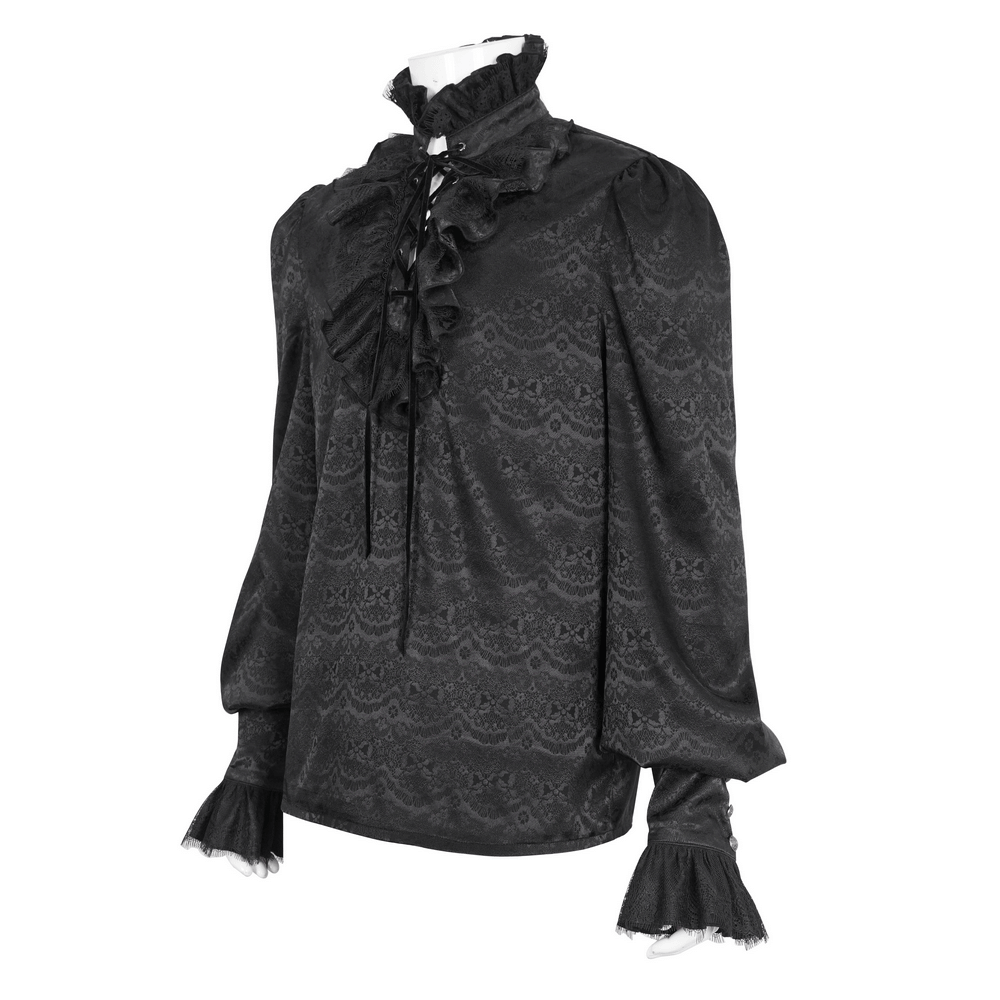 Chic Victorian black lace shirt with ruffled neckline and tassel sleeves, perfect for upscale events.