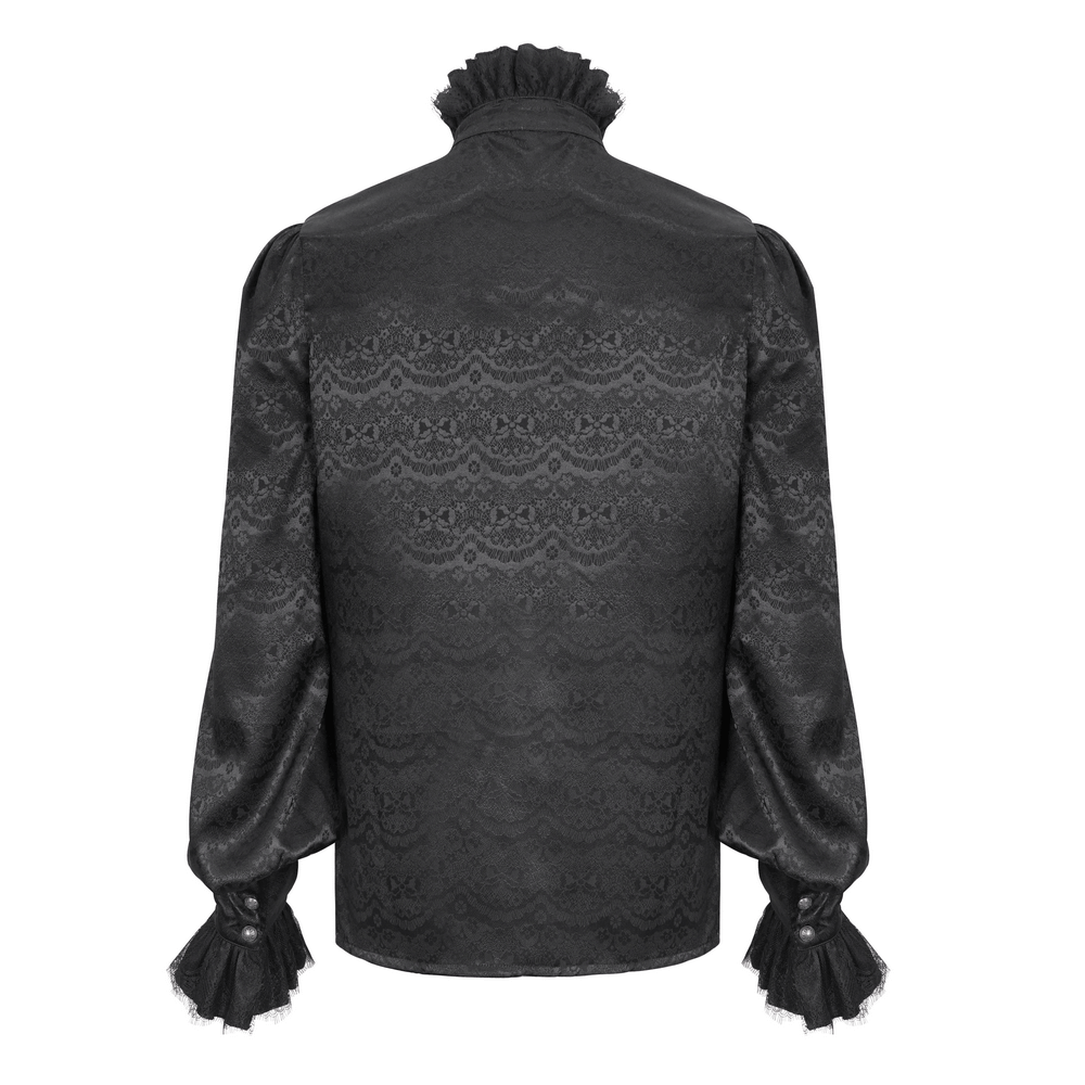Chic black lace shirt featuring ruffled neckline and tassel sleeves, perfect for upscale events and stylish occasions.
