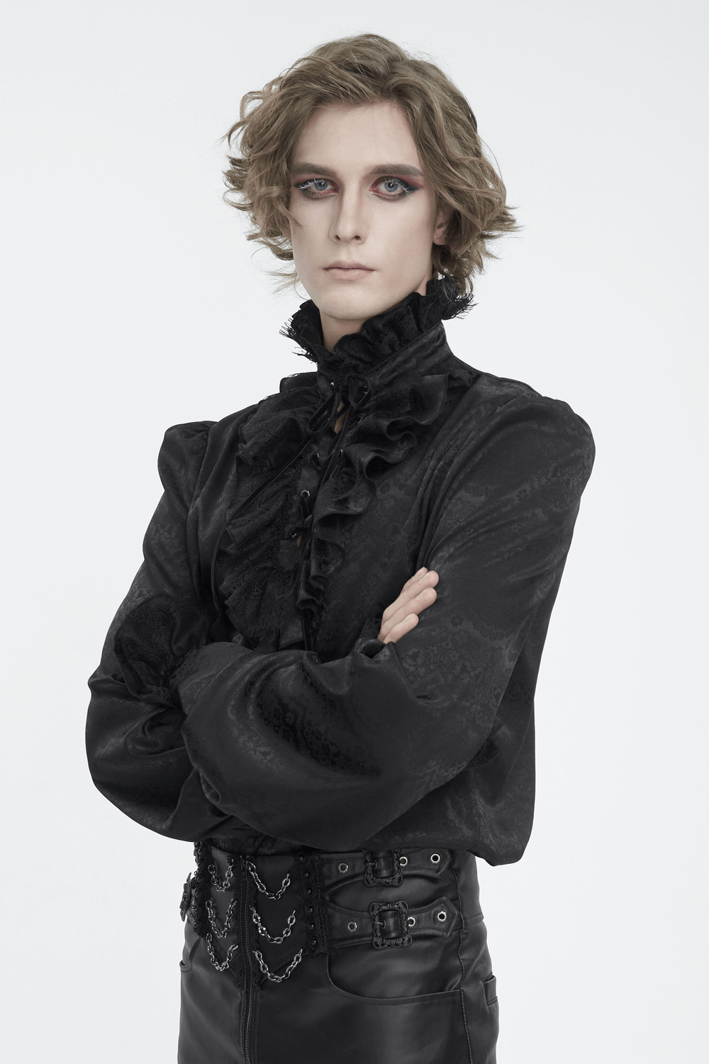 Chic Victorian black lace shirt with ruffled neckline and tassel sleeves for a timeless look.