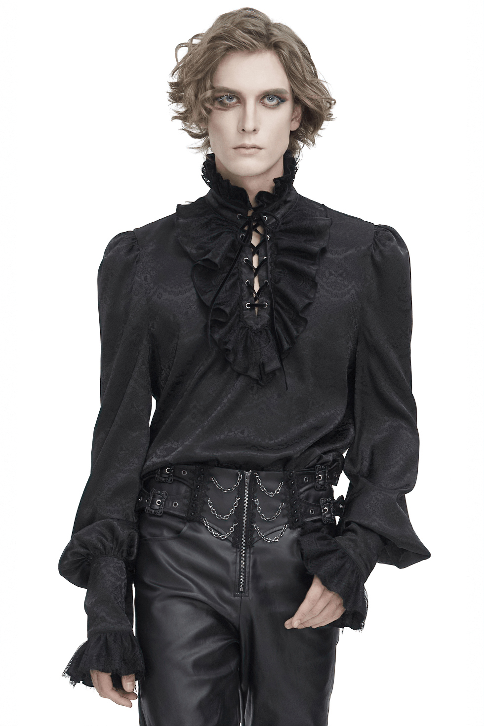 Chic Victorian black lace shirt with ruffled neckline and tassel sleeves, perfect for elegant events.