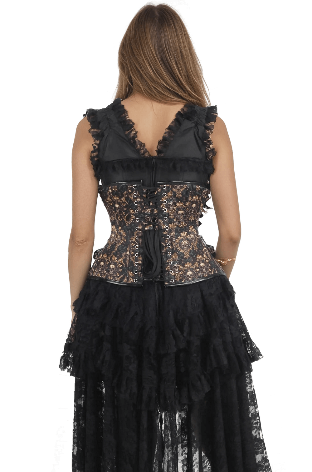 Back view of a chic gothic waist training corset with skull print and lacing details on a model.