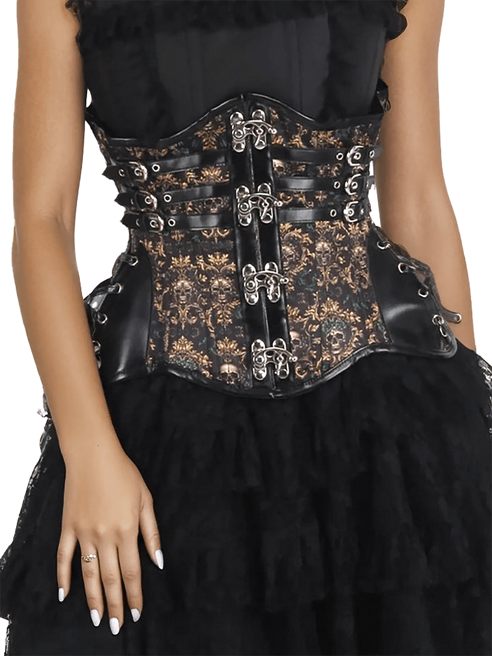Chic Gothic waist training corset with skull print, faux leather, and adjustable back lacing for a custom fit.