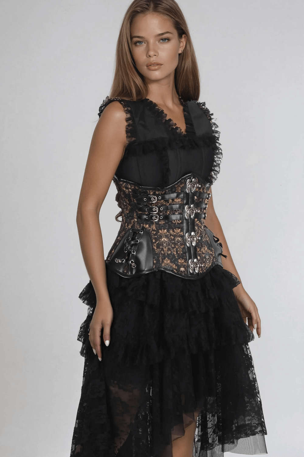 Chic gothic waist training corset with skull print, faux leather, and adjustable back lacing for a custom fit.