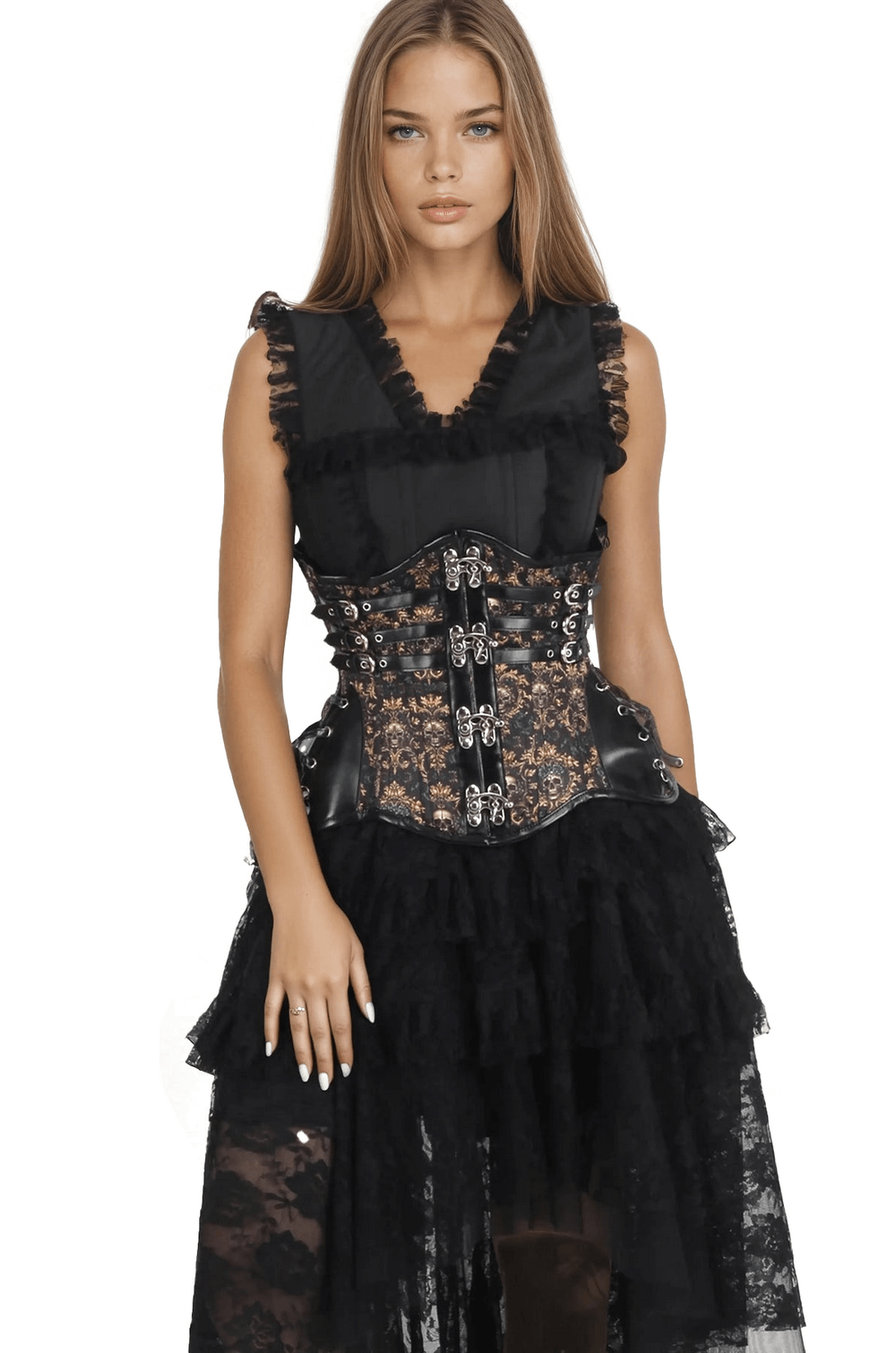Gothic waist training corset with skull print and back lacing, featuring faux leather and spiral steel bones.