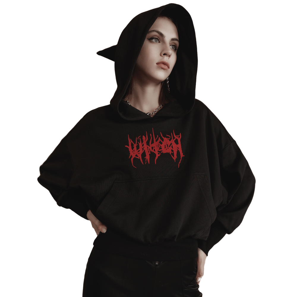 Chic Witchy Hat Print Gathered-Hem Gothic Hoodie - HARD'N'HEAVY