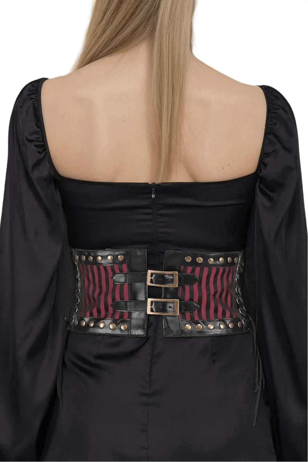 Back view of a chic women's wine red corset belt with dual buckles and rivet details, paired with a black top.