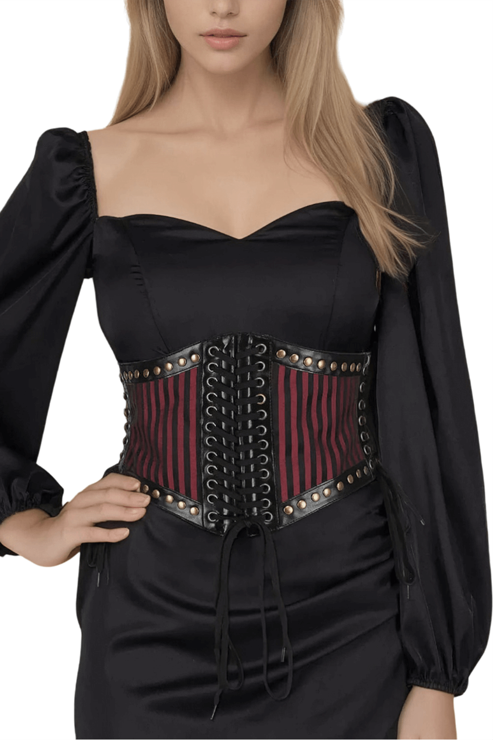 Chic wine red corset-inspired belt with rivet details, perfect for stylish women's fashion outfits.