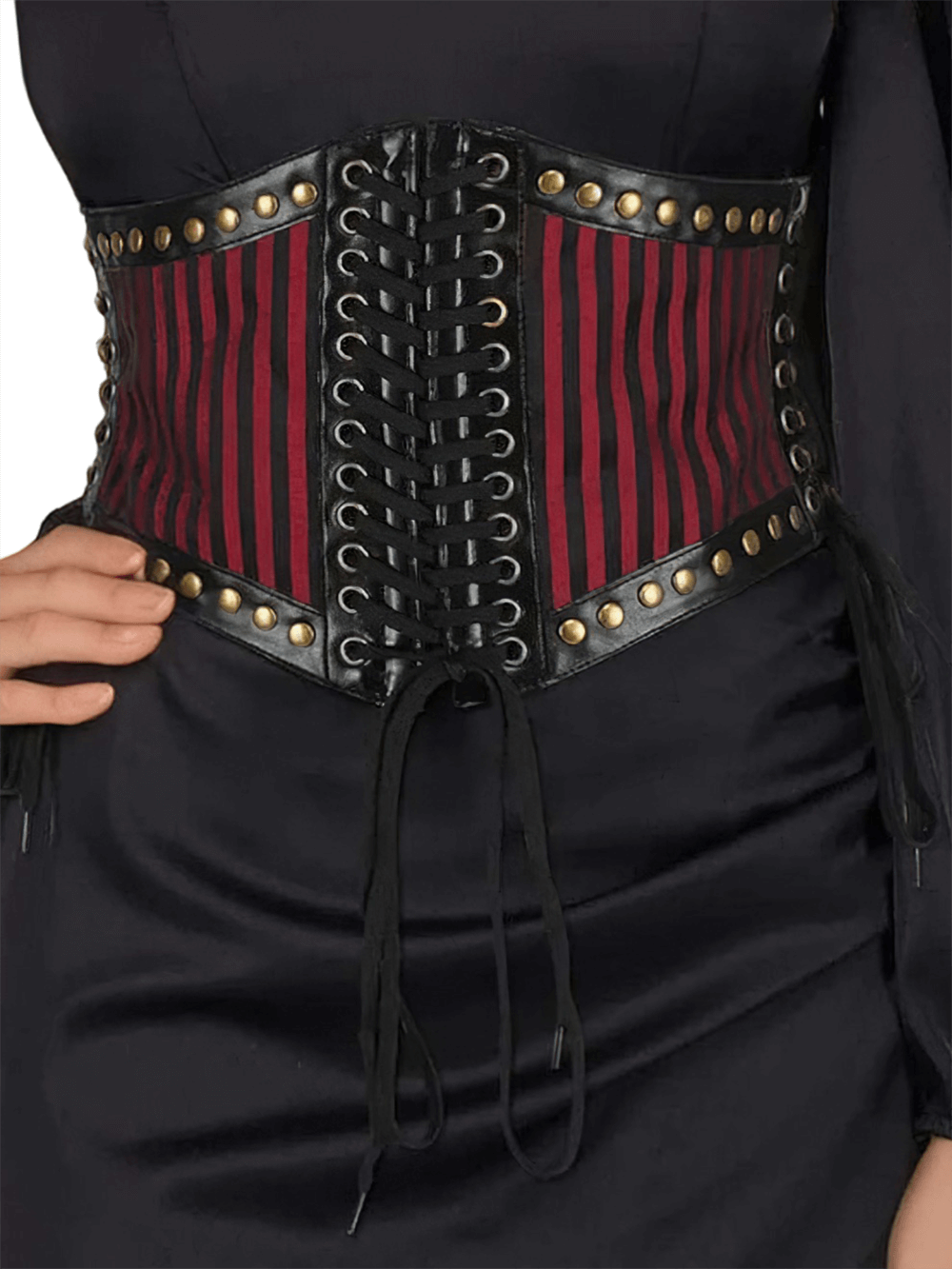 Chic women's corset-inspired belt in wine red with rivet details and lacing, perfect for stylish outfits.