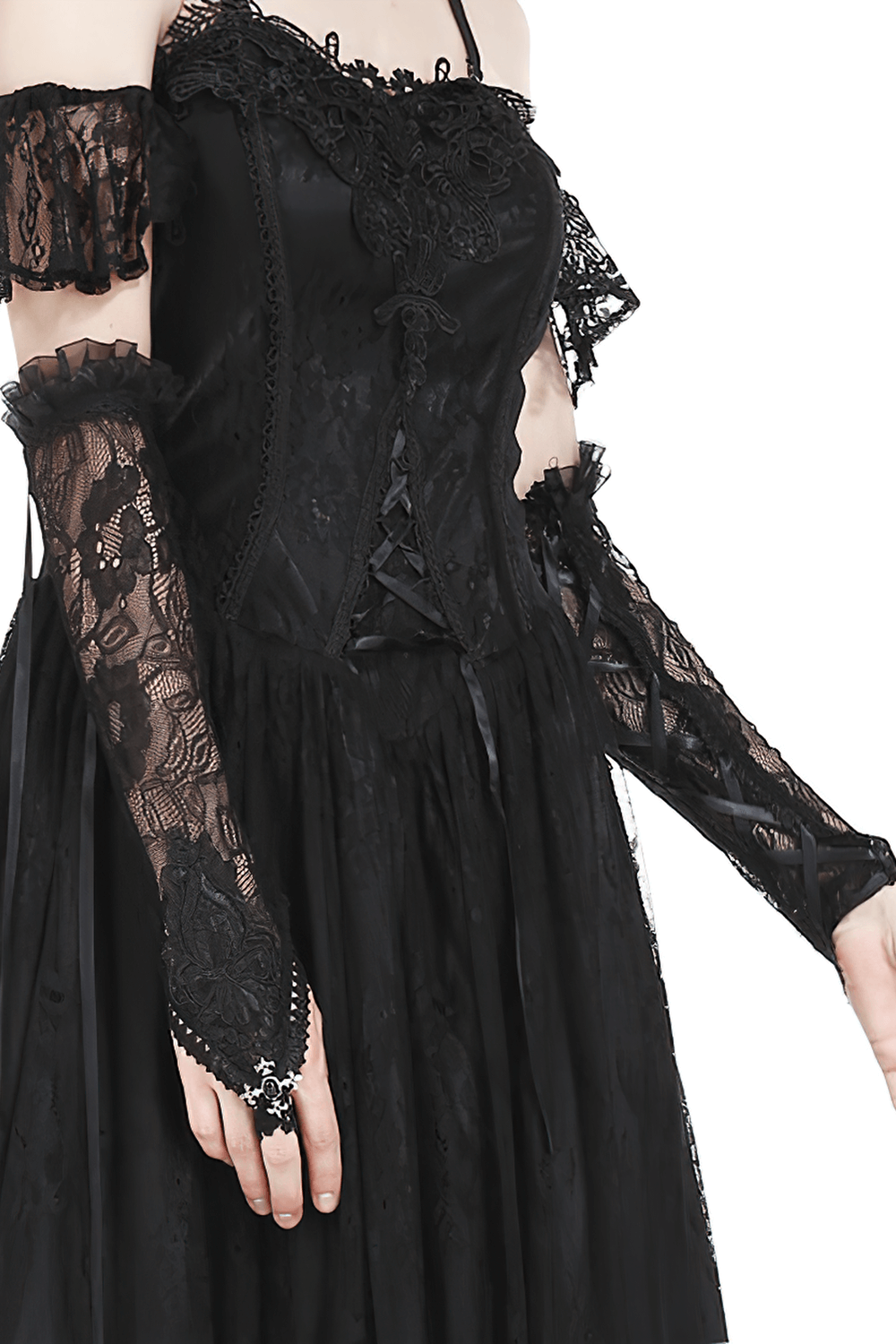 Chic Women's Black Lace Gloves with Satin Ribbons
