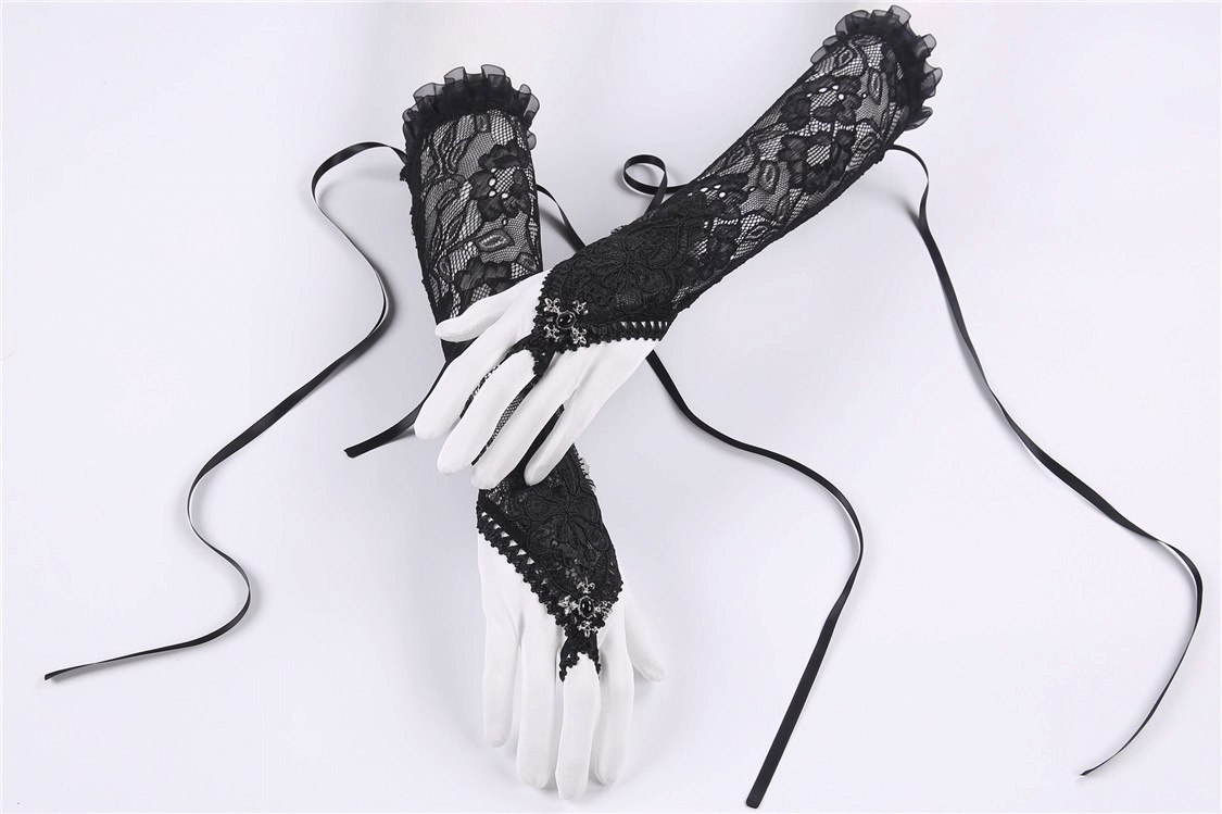 Chic Women's Black Lace Gloves with Satin Ribbons