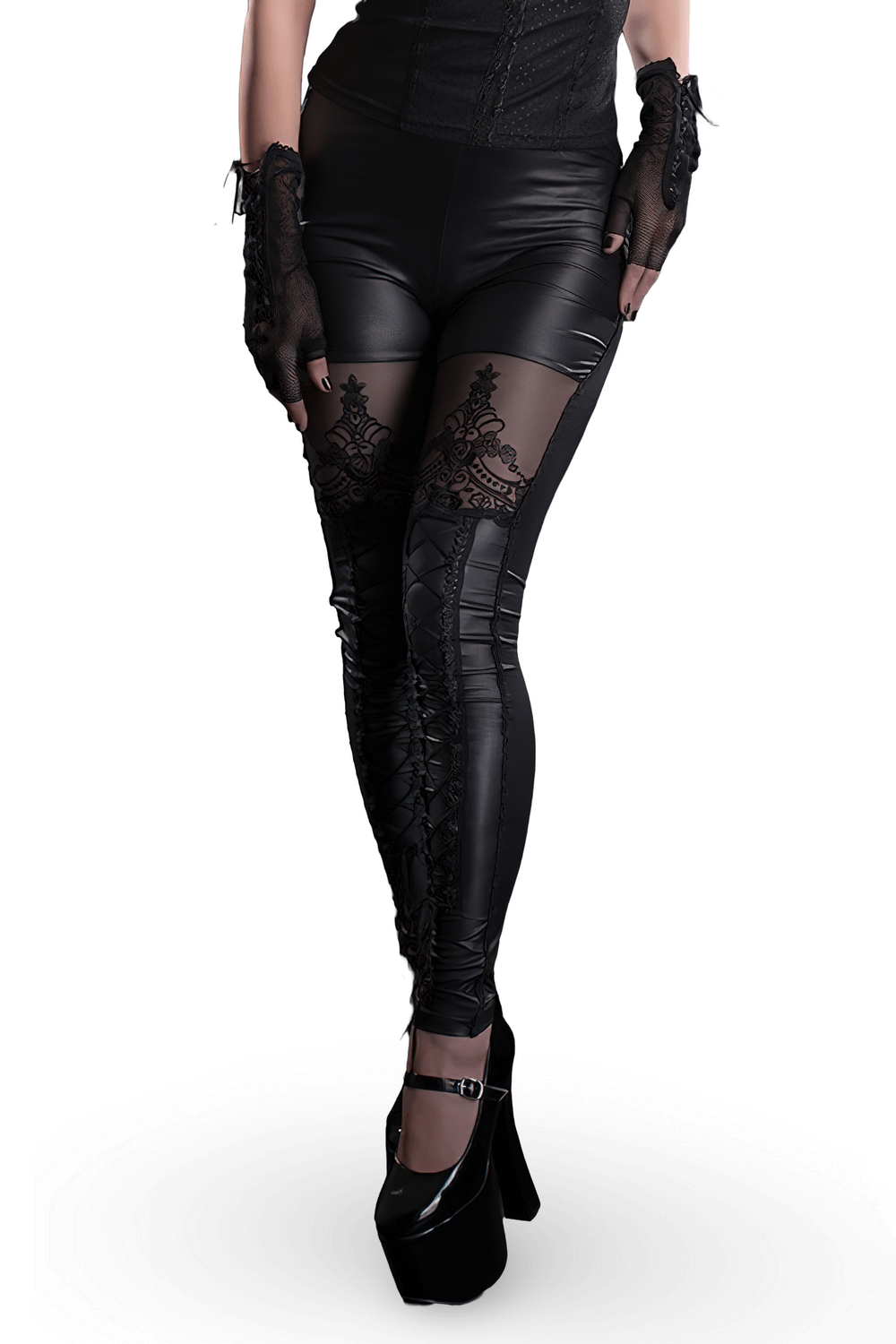 Sleek black flocking leggings with lace details and lace-up design, perfect for a chic and modern look.