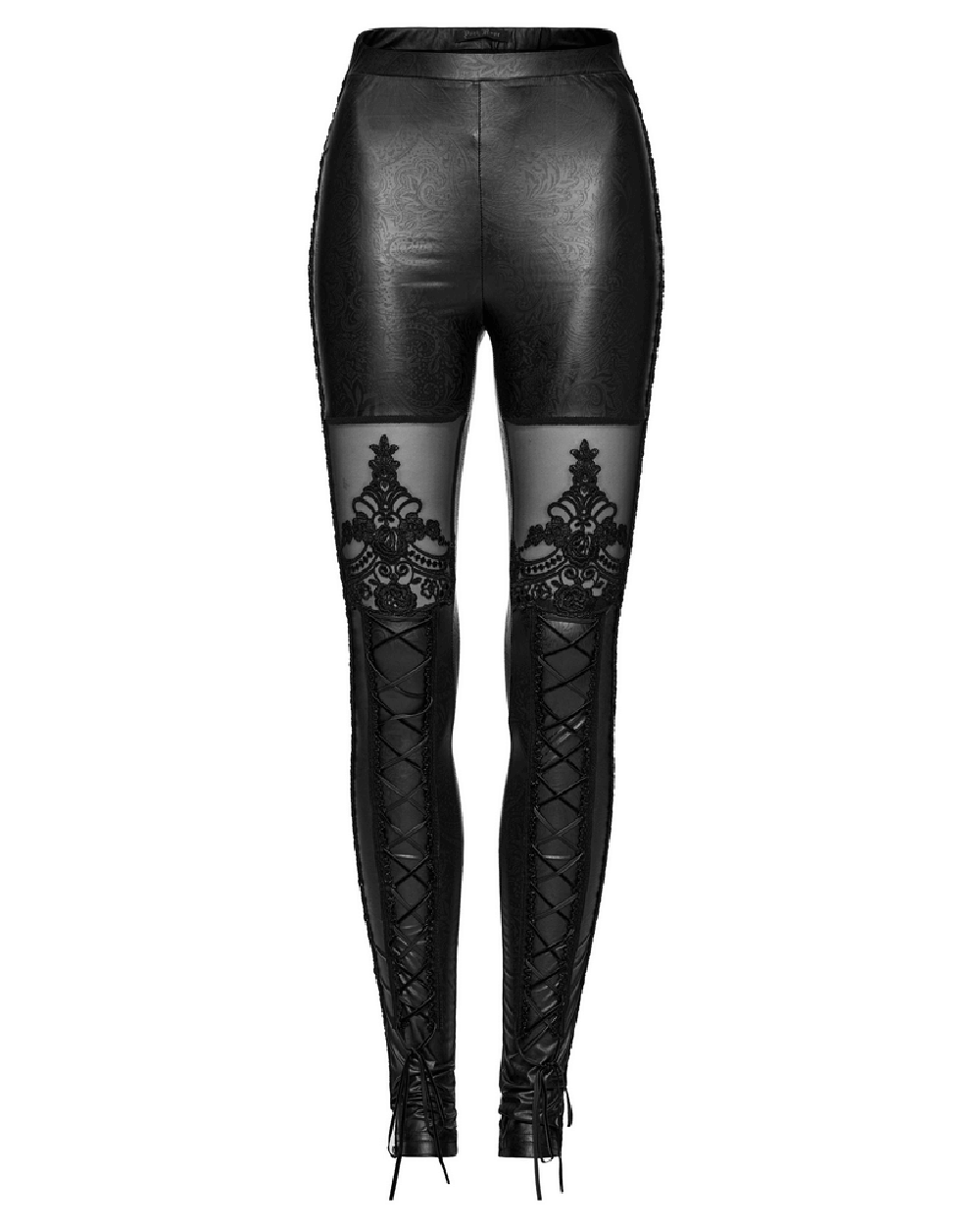 Chic black lace leggings for women with detailed lace-up and flocking design, perfect for trendy and sophisticated looks.