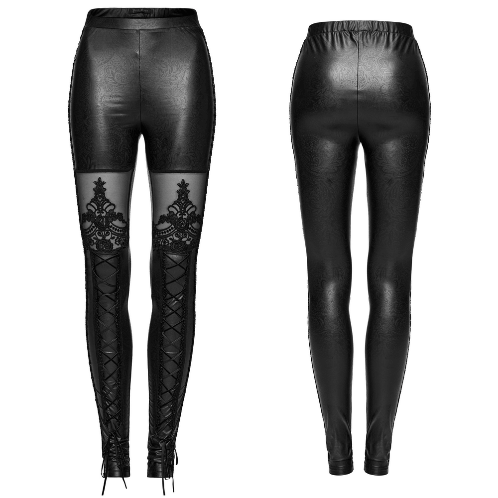 Chic black flocking leggings with lace-up and lace detailing, showcasing a sleek and sophisticated design for women.
