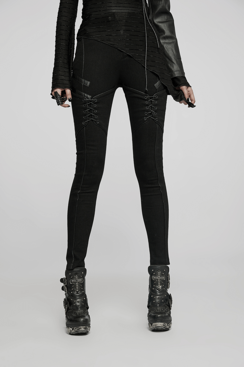 Chic Gothic lace-up skinny jeans for women, featuring edgy drawstring details and a stylish fit.