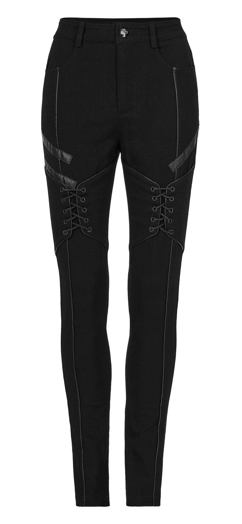 Chic women's Gothic lace-up skinny jeans with faux leather accents for a punk-inspired look.