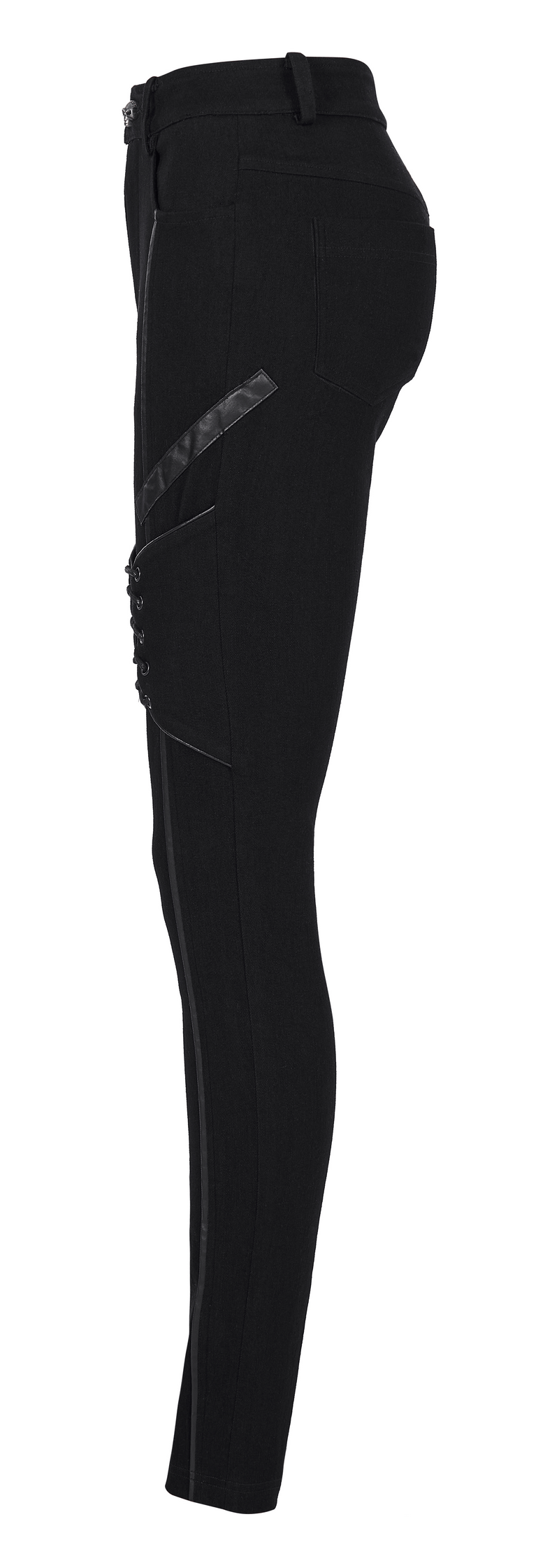 Chic Gothic Lace-Up Skinny Jeans for Women showcasing spliced faux leather and unique drawstring details.