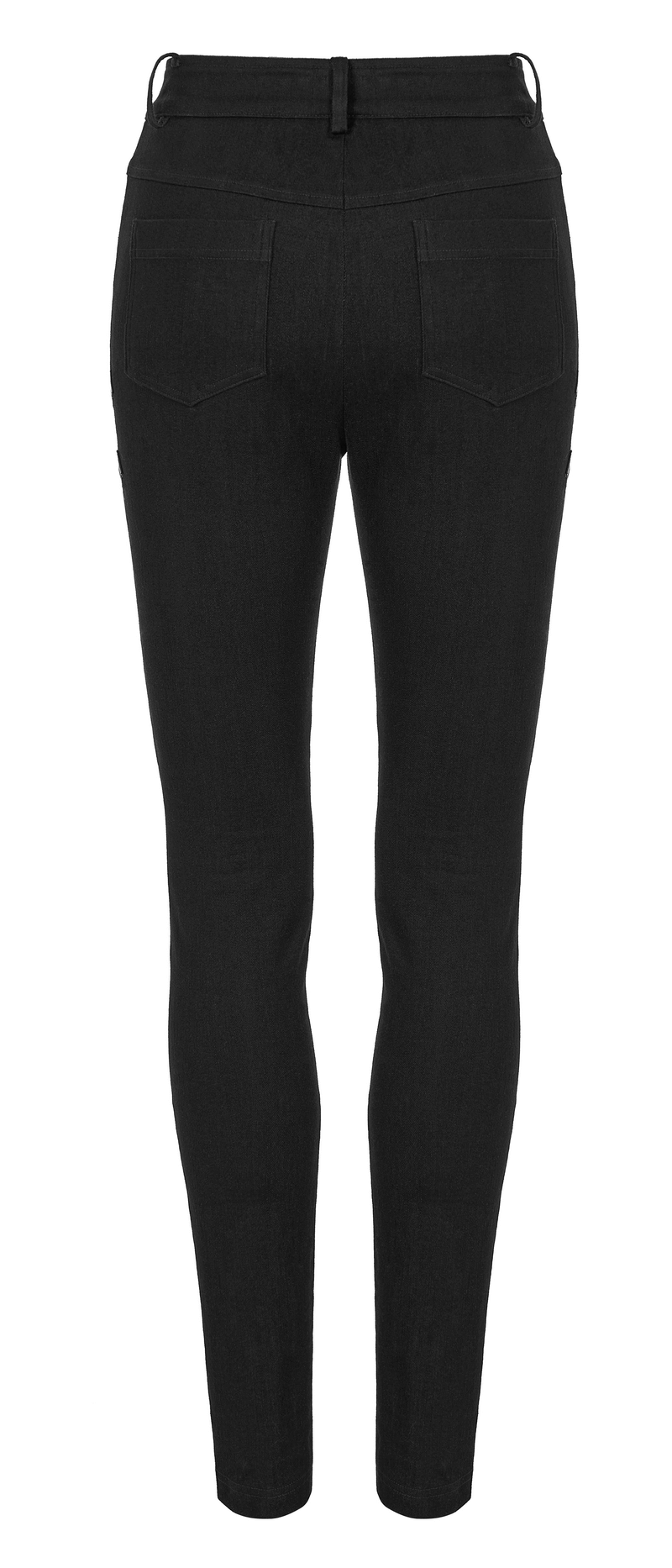 Chic women's black lace-up skinny jeans with faux leather accents and a sleek fit, perfect for gothic punk fashion.