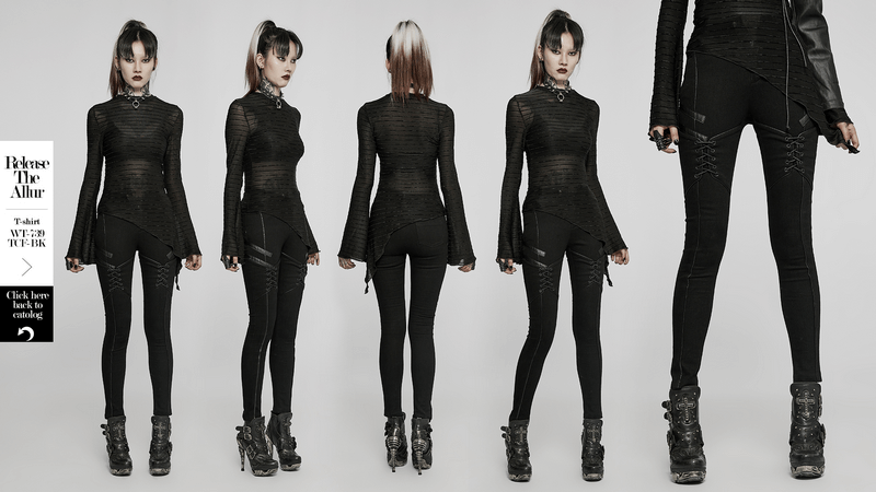 Chic women's gothic lace-up skinny jeans showcased in stylish black design, highlighting unique drawstring details and faux leather accents.