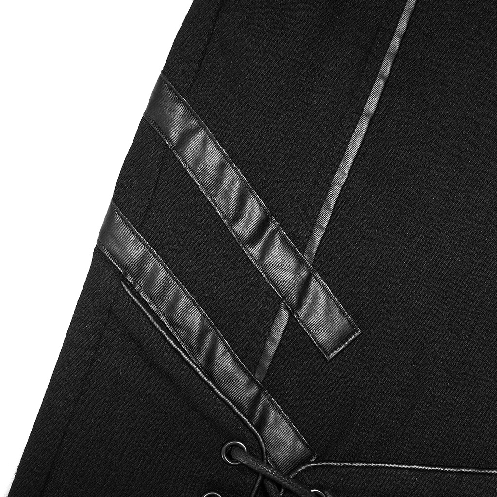 Close-up of Gothic lace-up skinny jeans with faux leather accents and drawstring details for a punk style.