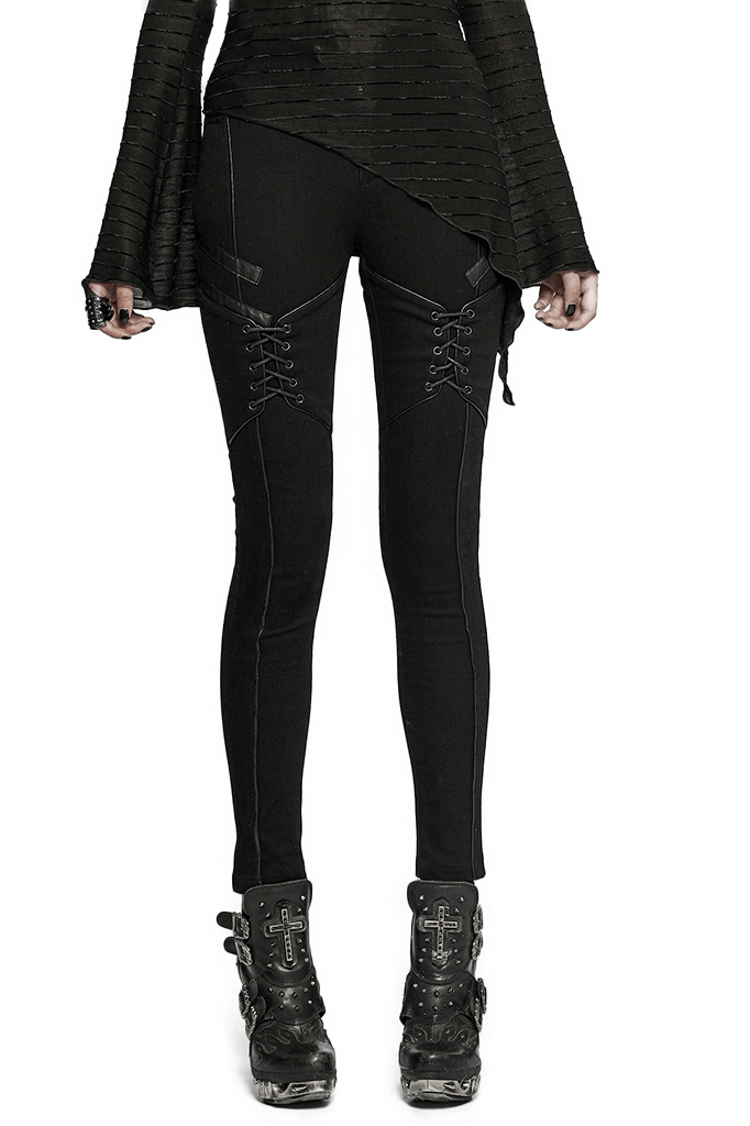 Chic Women's Lace-Up Skinny Jeans in Gothic Style
