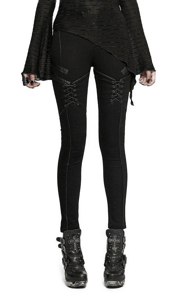Chic women's Gothic lace-up skinny jeans showcasing edgy design and faux leather accents, perfect for punk daily wear.