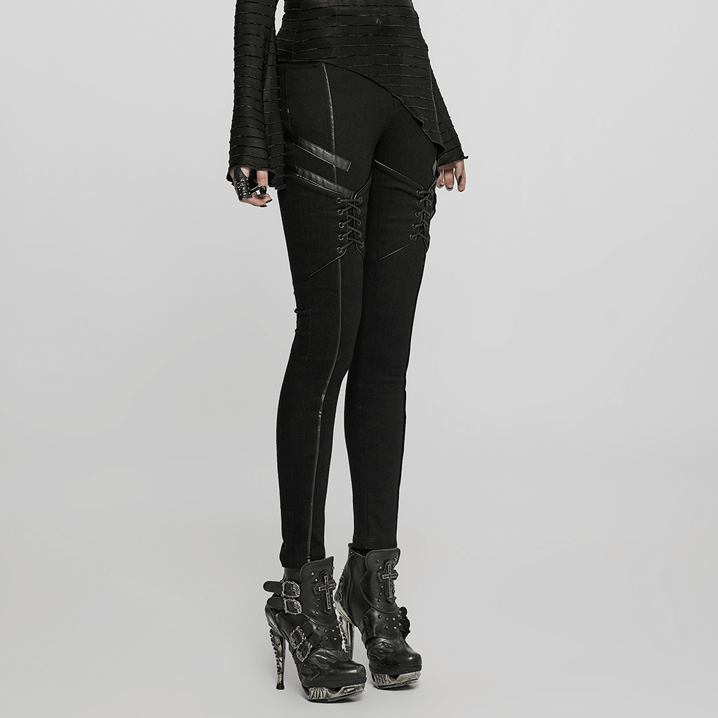 Chic women's Gothic lace-up skinny jeans with faux leather accents, perfect for a punk style statement.