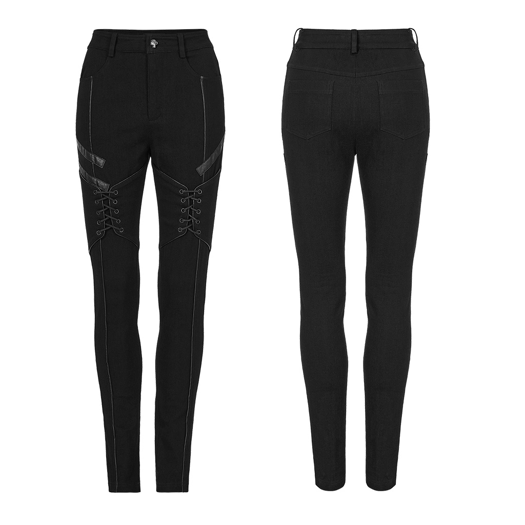 Chic Gothic lace-up skinny jeans for women with faux leather accents and a tight fit, perfect for punk-inspired outfits.