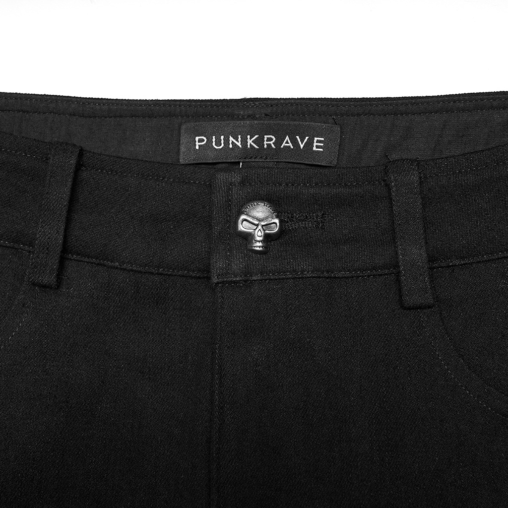 Close-up of PunkRave Gothic lace-up skinny jeans showcasing a skull button and black denim texture.