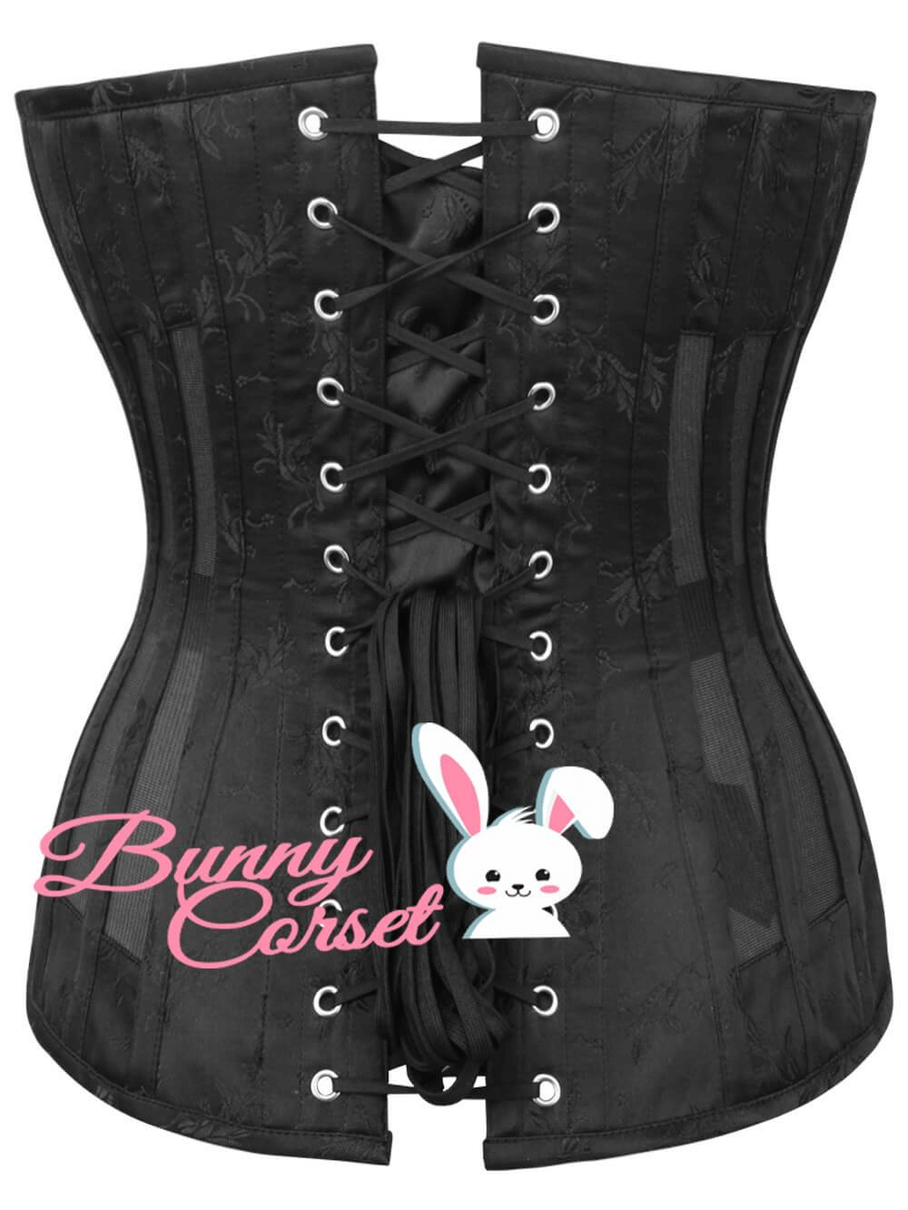 Chic black mesh overbust corset with spiral steel boning and elegant lace-up design.