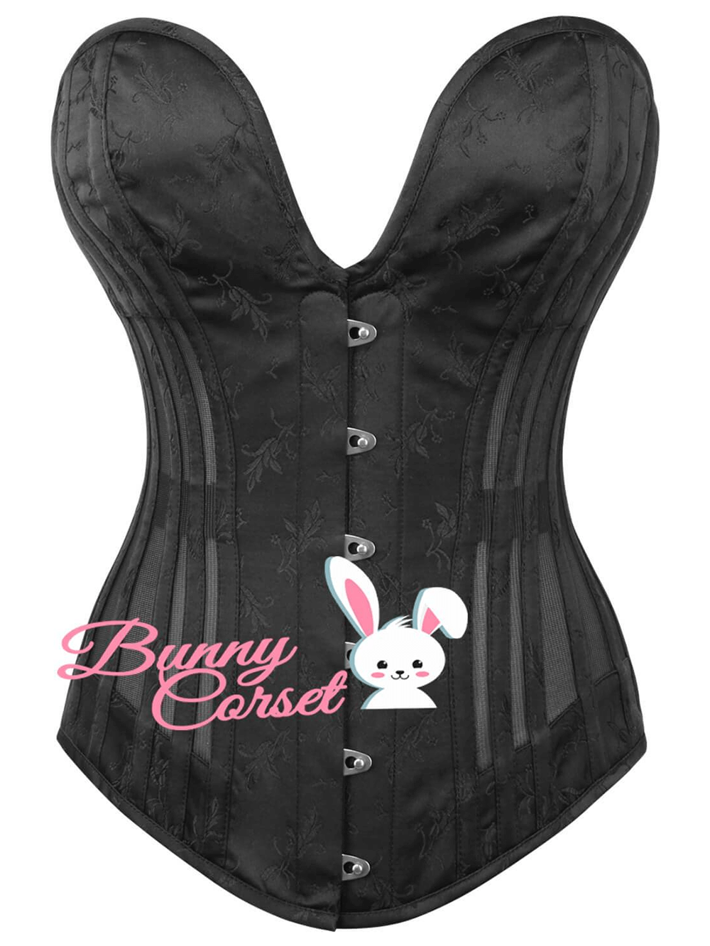 Chic Women's Black Mesh Overbust Corset with Steel Boning and Elegant Brocade Design