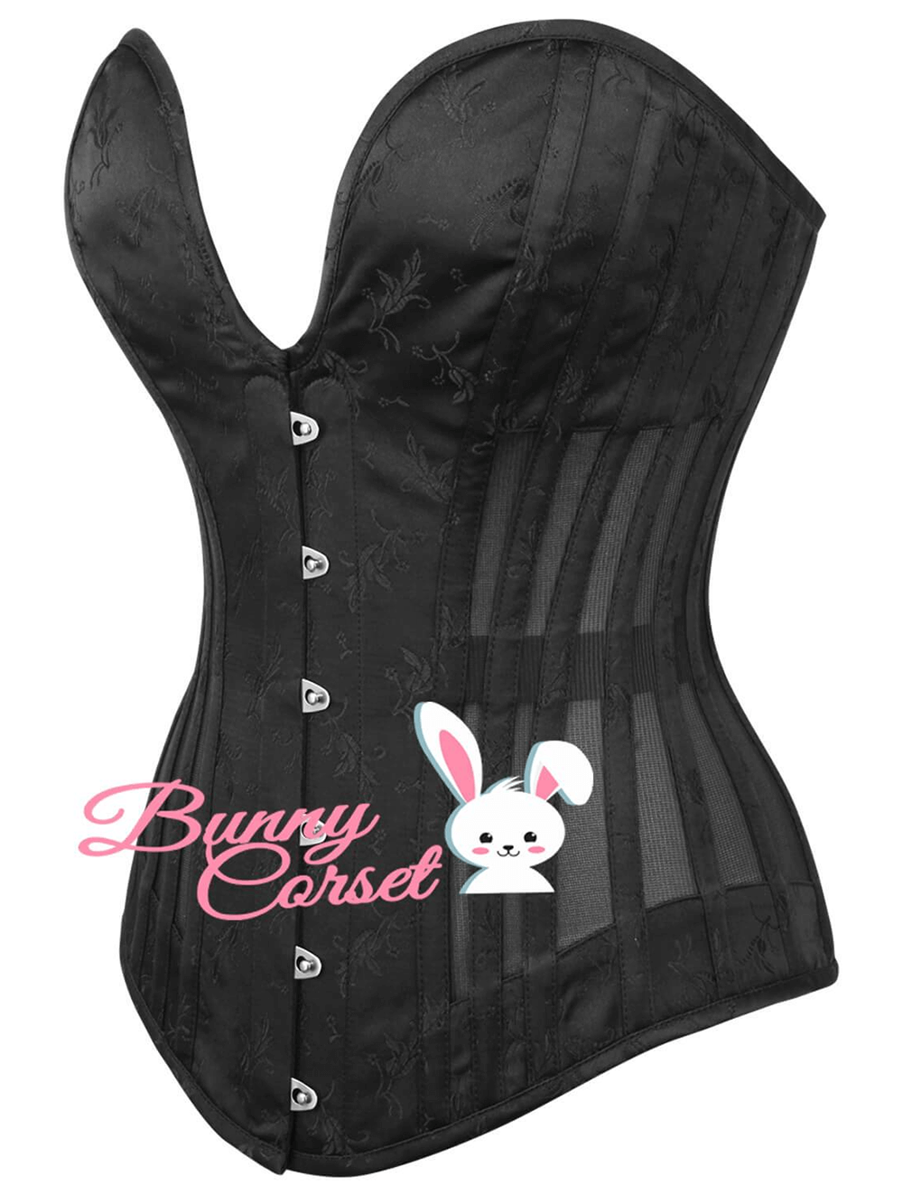 Chic black mesh overbust corset with steel boning and elegant brocade design for an hourglass silhouette.