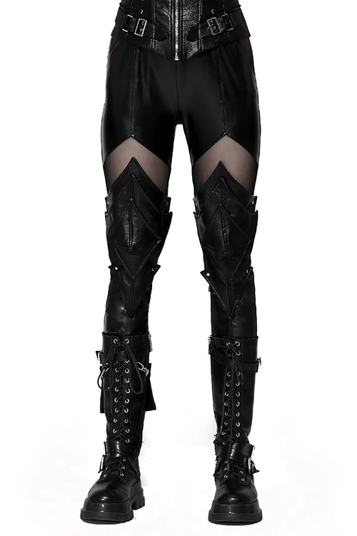 Chic Damen PU-Leder Leggings mit Mesh-Einsätzen