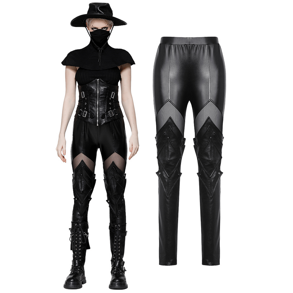 Chic black PU leather leggings with mesh panels and knee armor, styled for a bold gothic look. Perfect for edgy fashionistas!