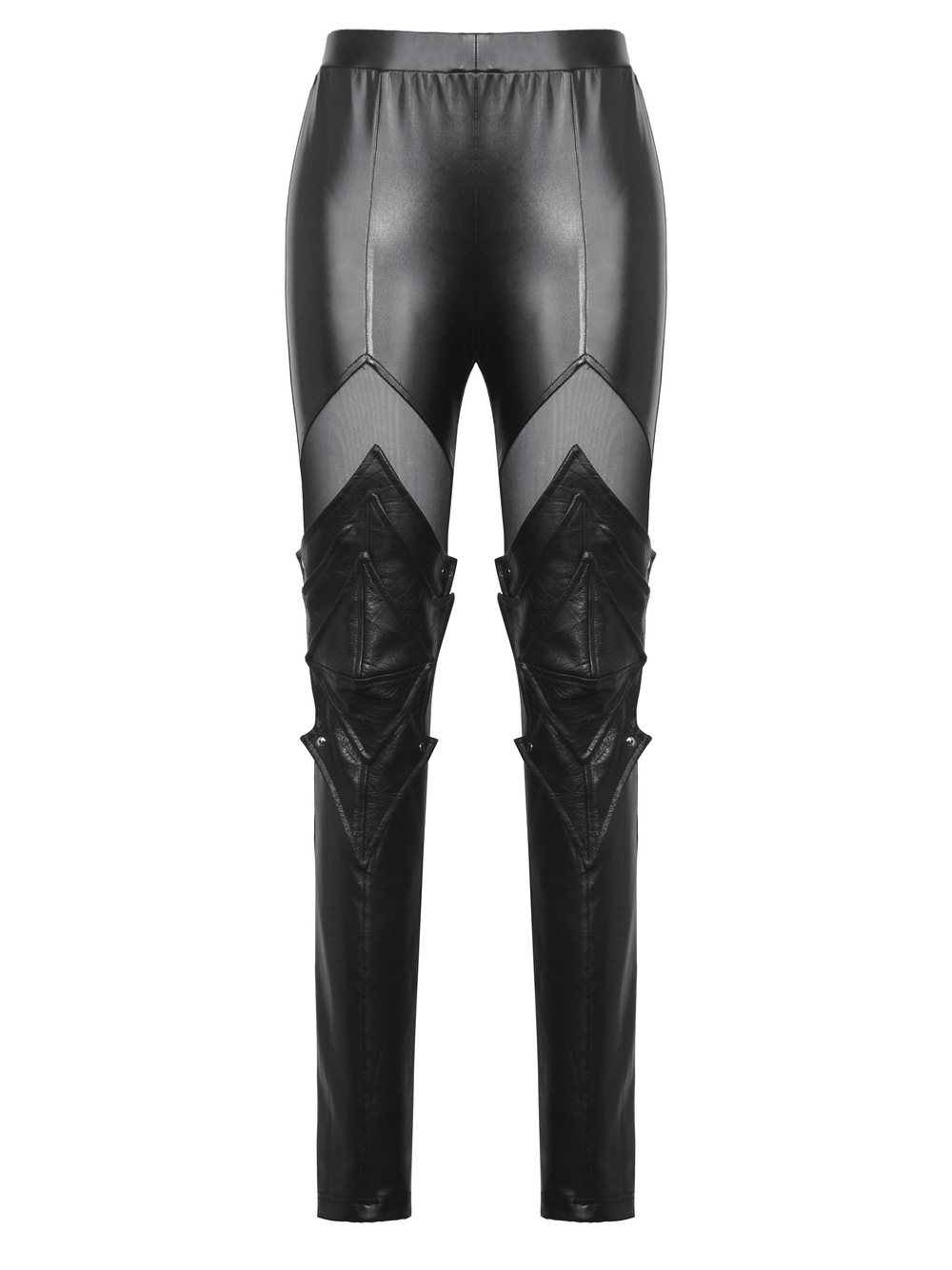 Chic black PU leather leggings with mesh panels and knee armor detailing for a bold gothic style.