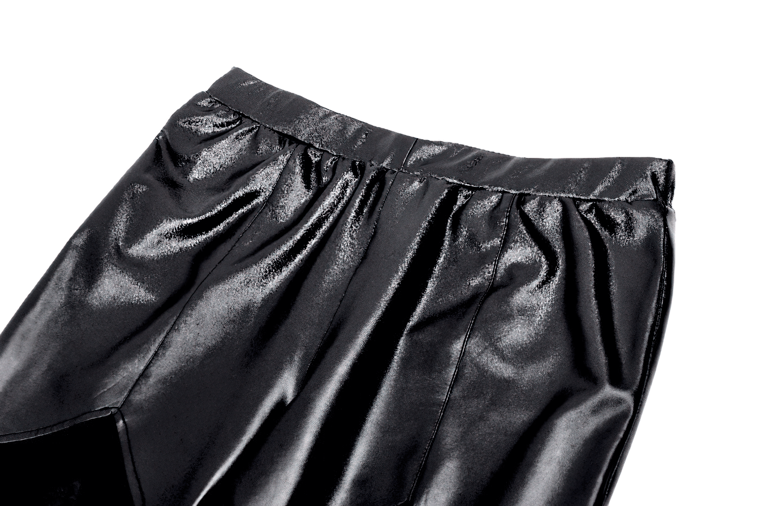 Close-up of chic black PU leather leggings with gathered waistband, perfect for a bold gothic fashion statement.