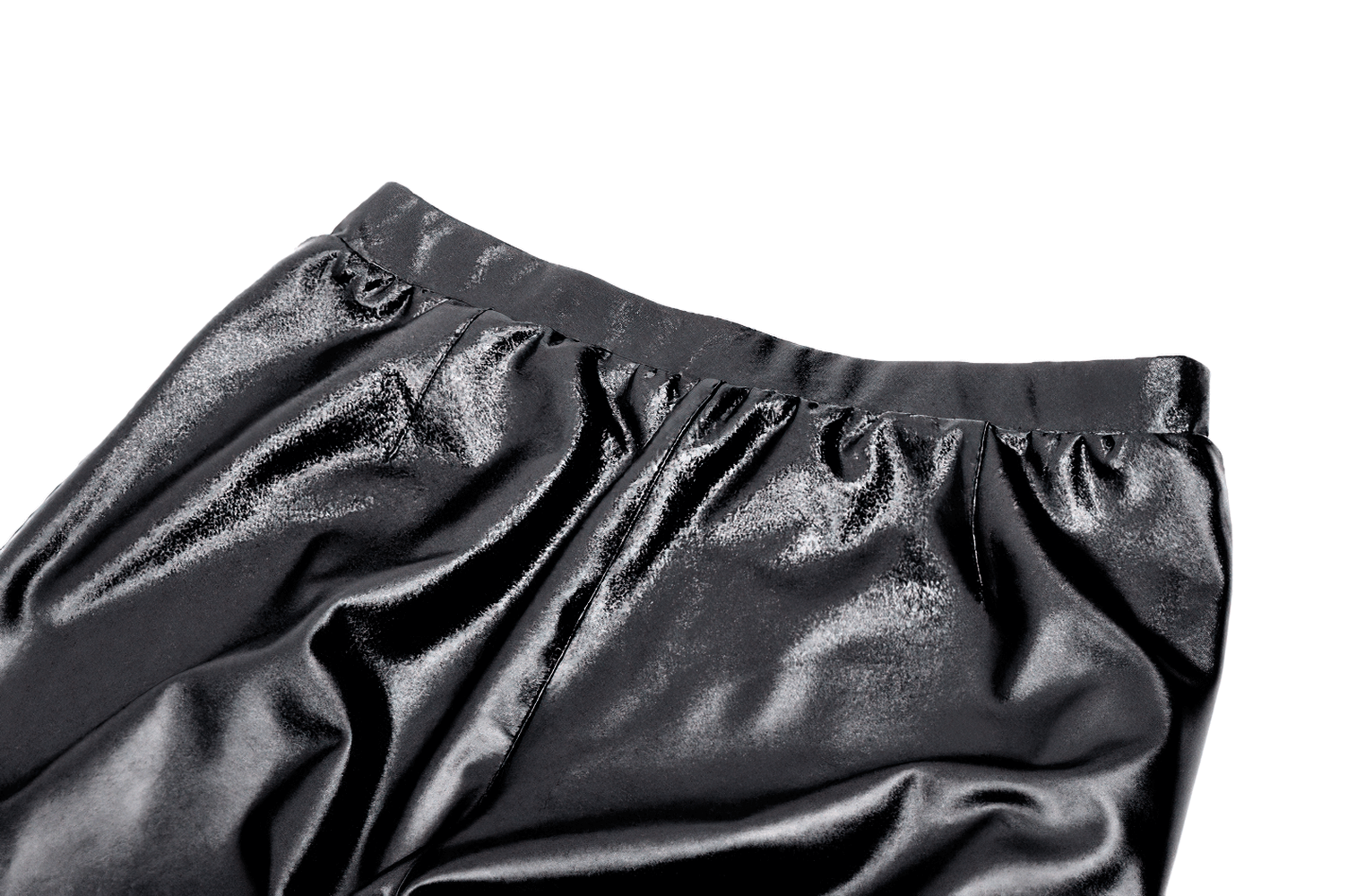 Close-up of black PU leather leggings showcasing shiny texture and elastic waistband for a chic gothic style.